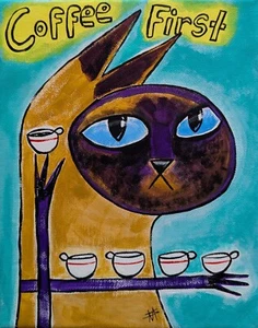 Original Cat Painting Coffee House Siamese Coffee Art Samantha McLean (8x10in.) - Picture 1 of 1