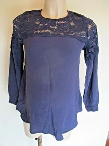 H&M MAMA MATERNITY NAVY BLUE LACE TRIM 3/4 SLEEVE BLOUSE TOP SIZE S 8-10 - Picture 1 of 2