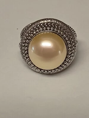 BJ 925 Sterling Silver Yellow Faux Pearl Ring Size 8 - Image 1 of 4