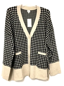 A New Day Womens 4X Cozy Knit Everyday Cardigan Taupe Black Houndstooth Sweater - Picture 1 of 7