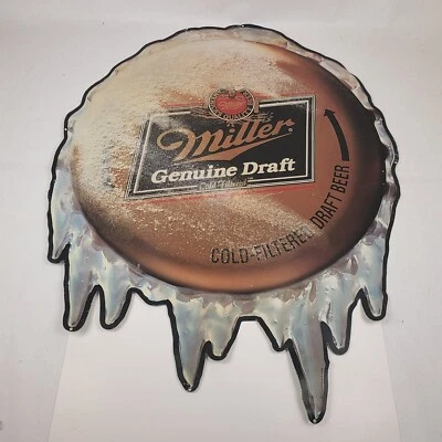 Vtg Miller Genuine Draft Beer Bottle Cap Metal Tin Sign Large 39" x 30" MGD Rare - Image 1 of 4