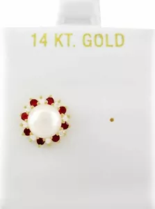 GENUINE PEARL , RUBIES, DIAMONDS STUD EARRING 14K GOLD - New With Tag - Picture 1 of 3