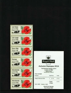 POPPY SOMME STAMPEX HERBST 2016 A009 Sammlerstreifen POST GO + Quittung FV 18,45£ - Bild 1 von 1