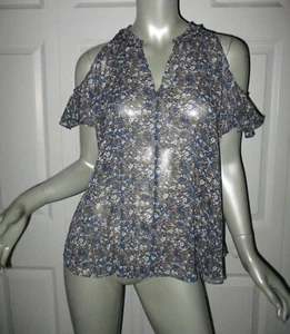 DEREK LAM 10 CROSBY Blue Floral Cold Shoulder Sheer Blouse Size 4 - Bild 1 von 6