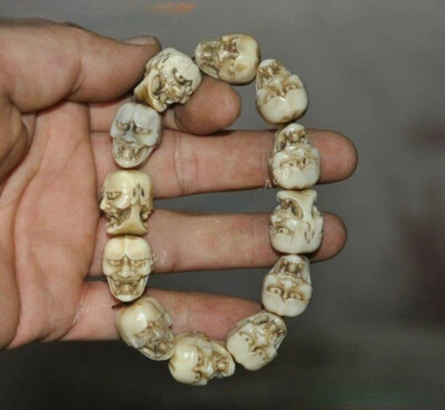 Pulsera amuleto cabeza calavera diablo esqueleto tallado en China de colección cadena de mano Foto 1 de 4