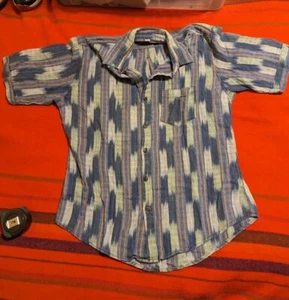Vintage 80s Club Shirt Mens 2XL Short Sleeve Striped Textured Poly Linen Blue - Picture 1 of 6