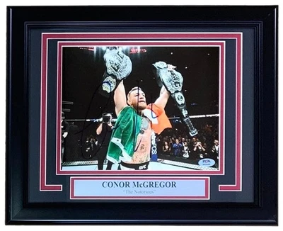 Conor McGregor Signed Framed 8x10 UFC Two Belts Photo PSA Hologram - Image 1 of 2