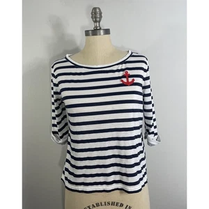 J.CREW Boat Neck Nautical Anchor Navy White Stripes T-Shirt Blouse Top Sz S Tee - Picture 1 of 10