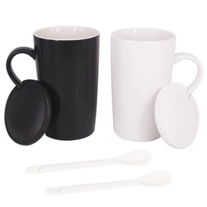 16oz Set of 2 Ceramic Coffee Mug with Lid and Spoon, Milk Cup Classic Mug Dri... - Picture 1 of 6
