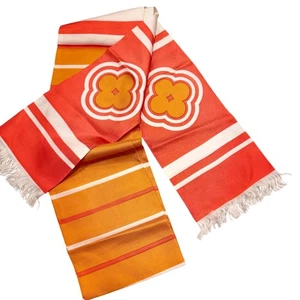 Vintage Japanese Obi Orange Stripe Acetate Scarf with Floral Medallion 70x5.5" - Picture 1 of 14
