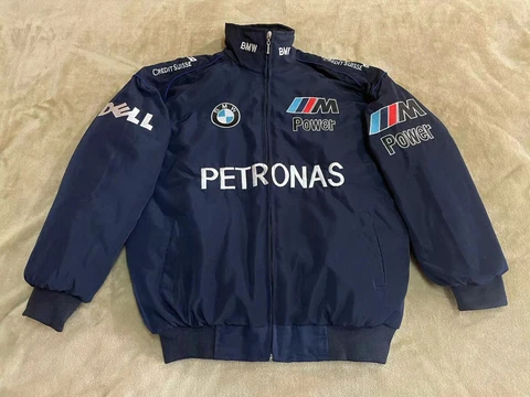 Adult F1 Vintage Racing Jacket Ebroidered Cotton Padded BMW Jacket Navy Blue Cover