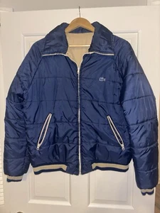 VINTAGE Retro Lacoste Men's Large Blue & Beige Thick Winter Puffer Jacket - Picture 1 of 19