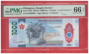 2023 PHILIPPINES 1000 Piso Polymer Marcos Low No. BY 0000001 PMG 66 P230b IBNS - Picture 1 of 10