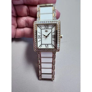NWOT Rarities Goldtone Stainless Steel White Agate Inlay Bracelet Watch , Large - Picture 1 of 14