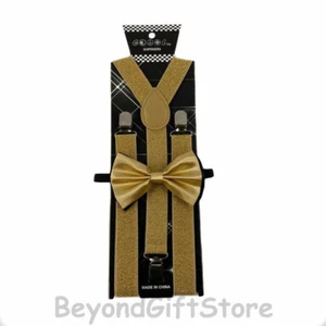 Cravatta bretelle e fiocco adulti uomo nero e champagne oro morbido abbigliamento formale - Foto 1 di 3