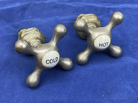 Pair C.1930 Sink FAUCET Handles, Hot & Cold Porcelain Caps, Nickel Plated Brass Cover