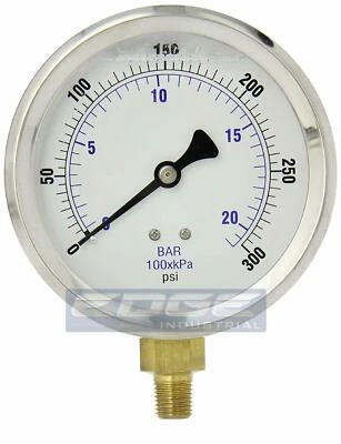 LIQUID FILLED PRESSURE GAUGE 0-300 PSI, 4" FACE, 1/4" LOWER MOUNT - Image 1 of 2
