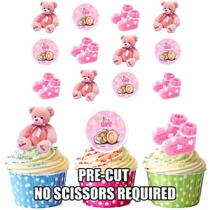 PRECUT Pink Baby Girl Edible Cupcake Toppers Baby Shower Christening Pack of 12 - Picture 1 of 2