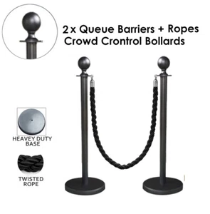 2x Queue Barriers + Ropes Crowd Control Bollards Stands (BLACK WITH Black ROPE) - Picture 1 of 9