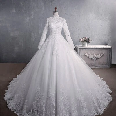 White/Ivory A-Line Wedding Dresses Lace Applique Beaded Long Sleeve Bridal Gowns - Изображение 1 из 4