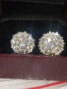 Moissanite 2.10 Ct Round Cut Stud Earrings Lab-Created 14k Yellow Gold Plated - Picture 1 of 6