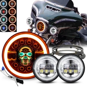 7" RGB LED Headlight & Passing Lamps &Mount Ring Bracket For Harley Street Glide - Picture 1 of 24