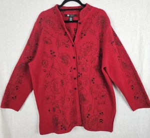 Cárdigan Suéter Vintage Carole Little 3X Lana Floral Bordado Rojo Negro - Imagen 1 de 11