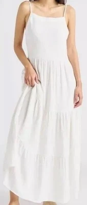 Espléndido Vestido Midi Calado Myla Mezcla de Lino Con Niveles Nuevo con Etiquetas $188 en Blanco-Talla XS Foto 1 de 4
