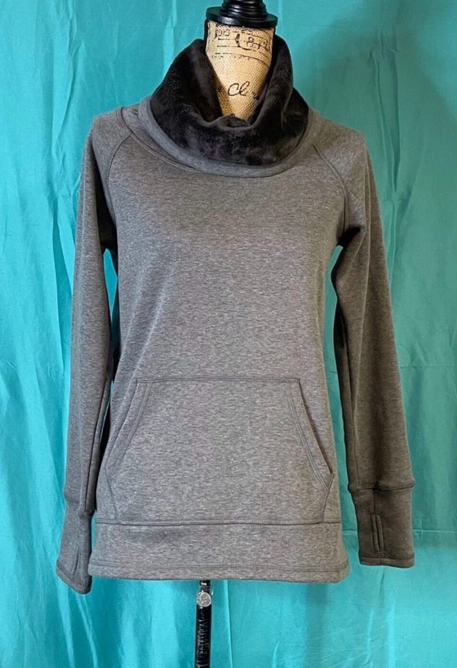 RBX Womens Sweatshirt Gray Small Faux Fur Cowl Neck Kangaroo Pocket Pullover - Image 1 of 4