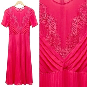 ASOS Lace And Pleat Skater Midi Dress Hot Pink Romantic Chiffon Women’s Size 4 - Picture 1 of 11