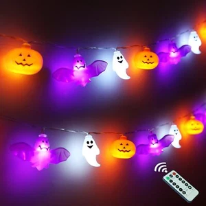 Halloween String Lights 16.4ft 30 Led Pumpkin Bat Ghost Battery Operated Orange  - Picture 1 of 9