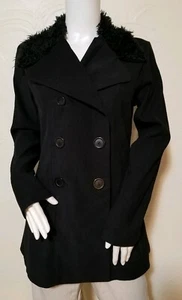 Vintage Luly K Womens Size Medium Black Faux Fur Trim Double Breast Blazer USA - Picture 1 of 5