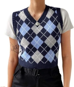Women's Sweater Vest, Sleeveless Pattern Preppy Style Knitted Crop Top Size S - Picture 1 of 4