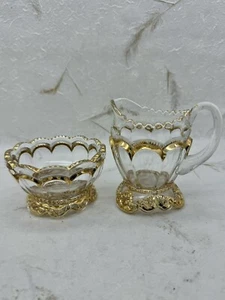 Antique Riverside Glass Co Empress Creamer Sugar Bowl Gold Clear USA EAPG c1899 - Picture 1 of 24