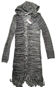 BONGO Juniors Medium Fringed Hooded Duster 100% Acrylic Black White Sweater NEW - Picture 1 of 9