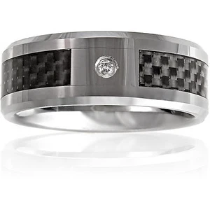ANILLO CINTA HOMBRE 8mm CARBURO TUNGSTENO NEGRO FIBRA CARBONO Y DIAMANTE BODA 7-14 - Imagen 1 de 3