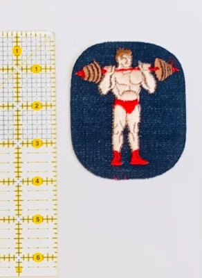 Vintage Denim Iron On Patch Power Lifter Weight Lifting  Embroidered Olympics - Image 1 of 3