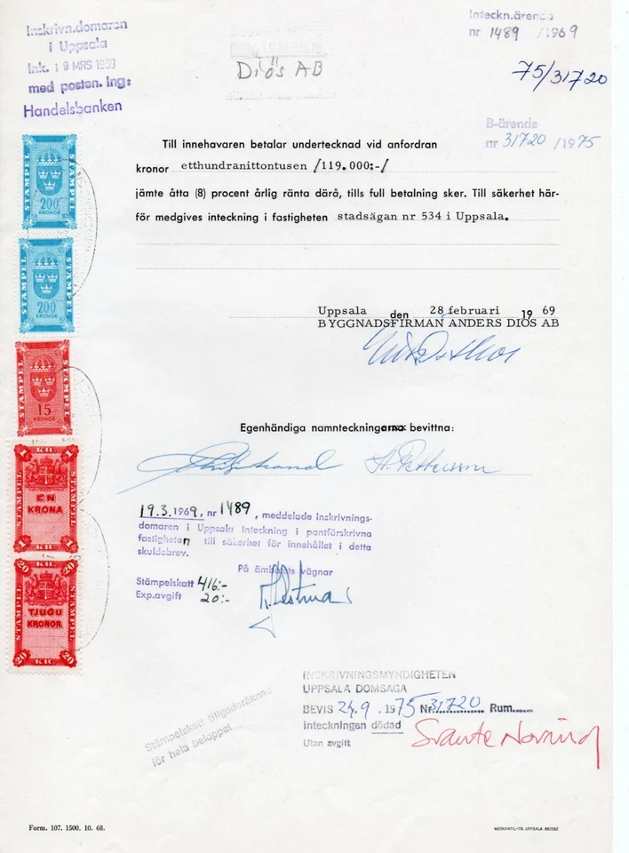 SUECIA: Ingresos en documento 1969. (x3) Foto 1 de 1