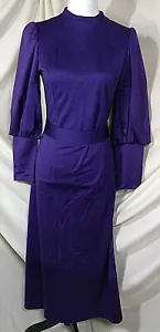 Vintage Evening Dress Long Fitted Purple Tie Belt Pearl Button Wide Cuffs Splits - Picture 1 of 12