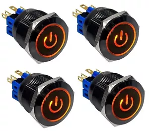 4pcs 25mm AMBER LED Waterproof Black Stainless Steel Push POWER Button Switch - Picture 1 of 2