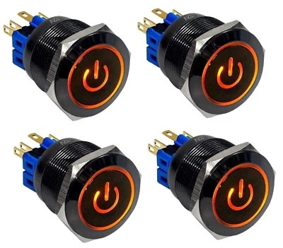 4pcs 25mm AMBER LED Waterproof Black Stainless Steel Push POWER Button Switch  - Image 1 of 2