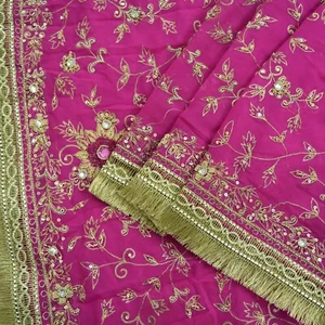 Bufanda bordada a mano estola larga de seda pura Dupatta rosa pesado vintage - Imagen 1 de 16