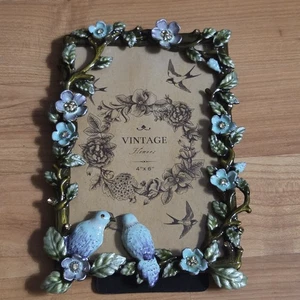 Vintage Floral and Birds Enameled Picture Frame w/ Genuine Crystals 4"x6" - Picture 1 of 5