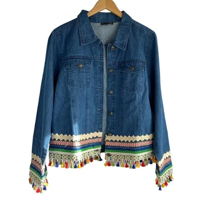 Pyramid коллекции Y2K джинсовой ткани куртка женщин L богемное хиппи радуга кисточки новый - Изображение 1 из 4