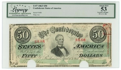 T-57 1863 Confederate States of America CSA $50 PF-1 CR-406 LCG AU53 (65295) - Image 1 of 2