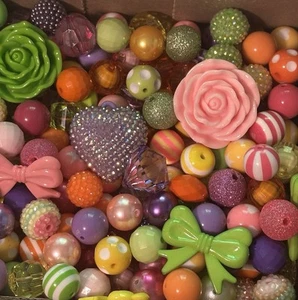 Lot of 150+ NEW 20mm Bubblegum Beads & Pendants Rhinestone Bows Sherbet Theme - Picture 1 of 3