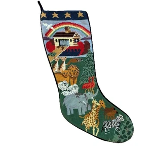 Vintage Handarbeit Nadelspitze & Marine Samt Arche Noah Tiere Weihnachten Strumpf - Bild 1 von 10