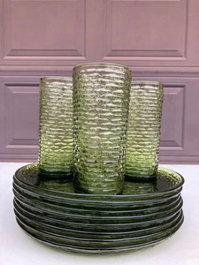 9 pcs Anchor Hocking Soreno Bark avocado green MCM 9 3/4 plate iced tea tumbler - Picture 1 of 9