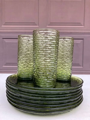 9 pcs Anchor Hocking Soreno Bark avocado green MCM 9 3/4 plate iced tea tumbler - Image 1 of 4