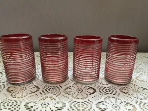 Mexican Handmade Glass Set of 4 Ruby Red Spiral 14 oz Drinking Glasses - Picture 1 of 4